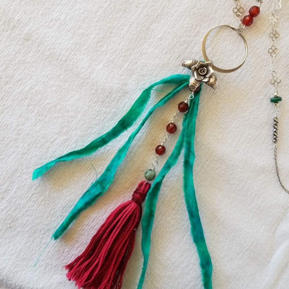 Thai Silver Rose Tassel Necklace